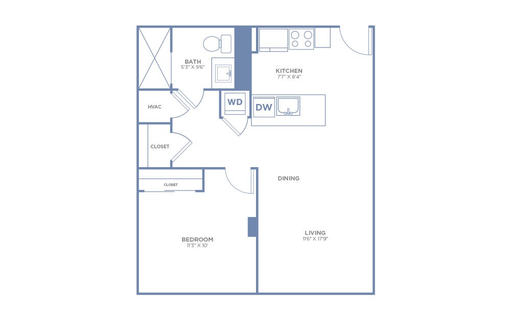 One Bedroom - 1 bedroom floorplan layout with 1 bath and 671 square feet. (2D)