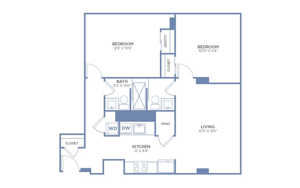 Two Bedroom, One & 1/2 Bath - 2 bedroom floorplan layout with 1.5 bath and 834 square feet. (2D)