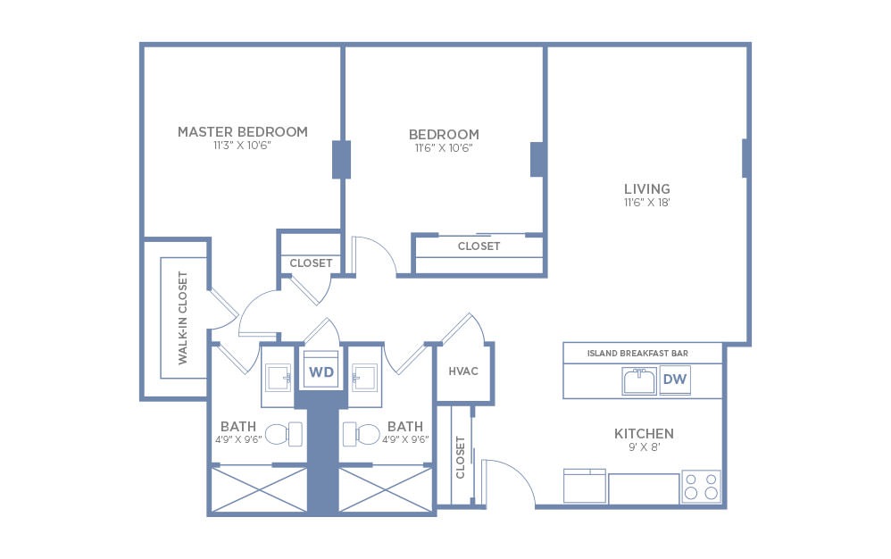 Two Bedroom - 2 bedroom floorplan layout with 2 baths and 1006 square feet. (2D)